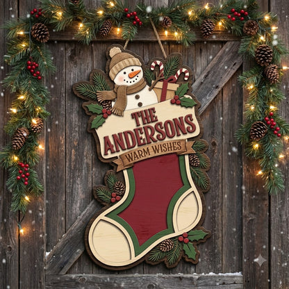 Personalized Snowman Christmas Door Hanger – Custom Family Name Holiday Wooden Sign