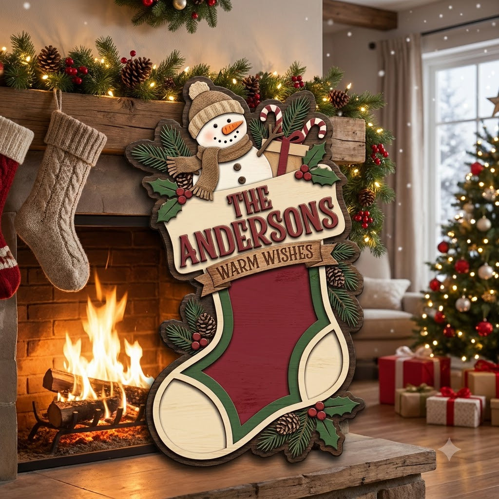 Personalized Snowman Christmas Door Hanger – Custom Family Name Holiday Wooden Sign