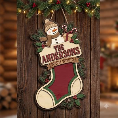 Personalized Snowman Christmas Door Hanger – Custom Family Name Holiday Wooden Sign