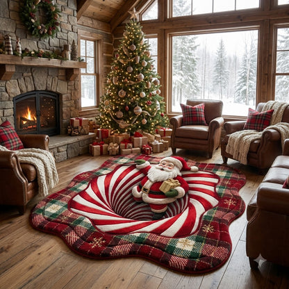3D Santa Christmas Rug – Santa Claus Candy Cane Swirl Custom Shape Holiday Rug