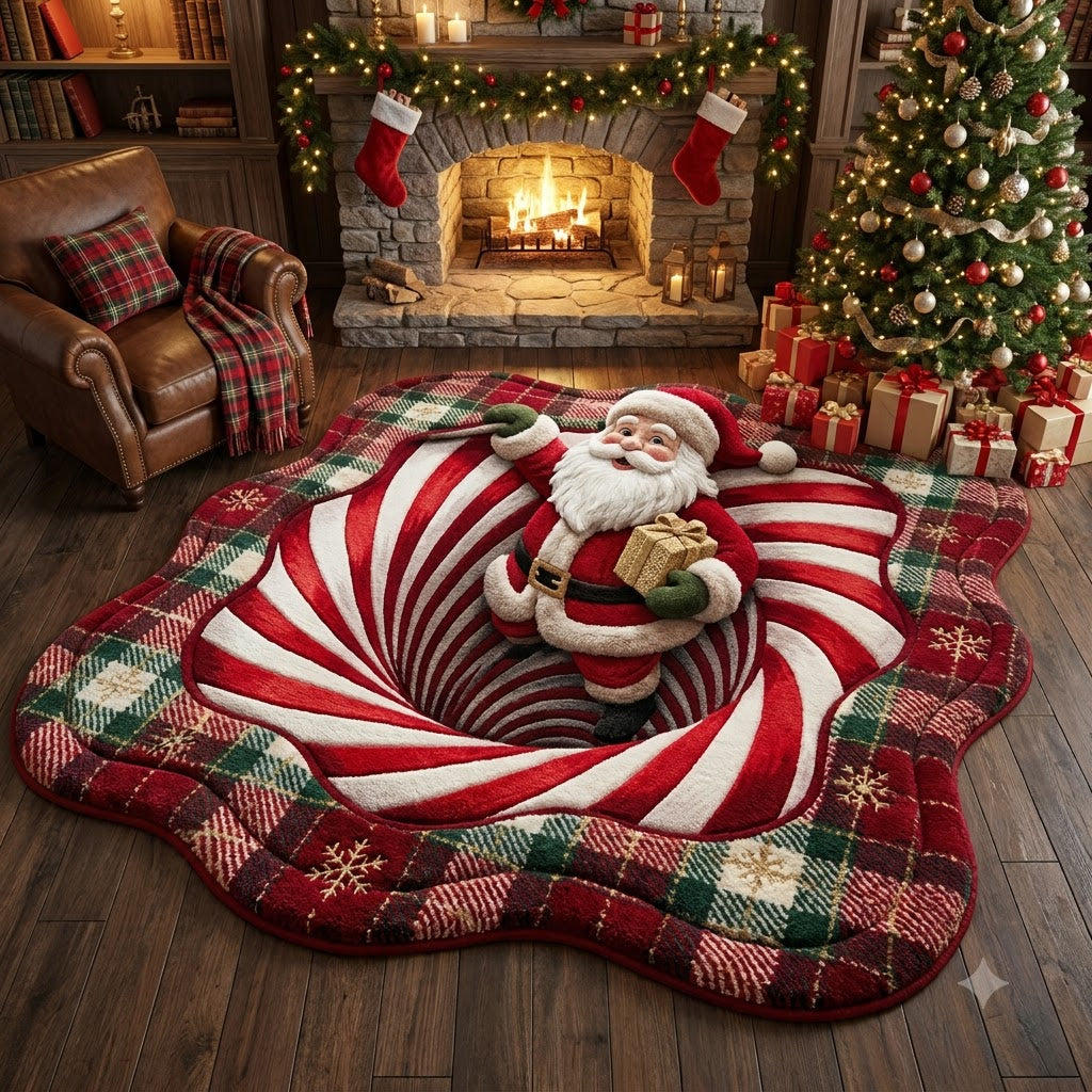 3D Santa Christmas Rug – Santa Claus Candy Cane Swirl Custom Shape Holiday Rug