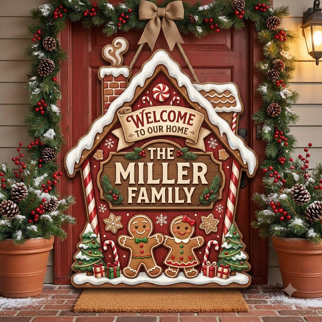 Personalized Gingerbread Man Christmas Door Hanger – Custom Family Name Holiday Sign