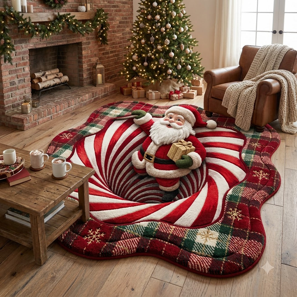 3D Santa Christmas Rug – Santa Claus Candy Cane Swirl Custom Shape Holiday Rug