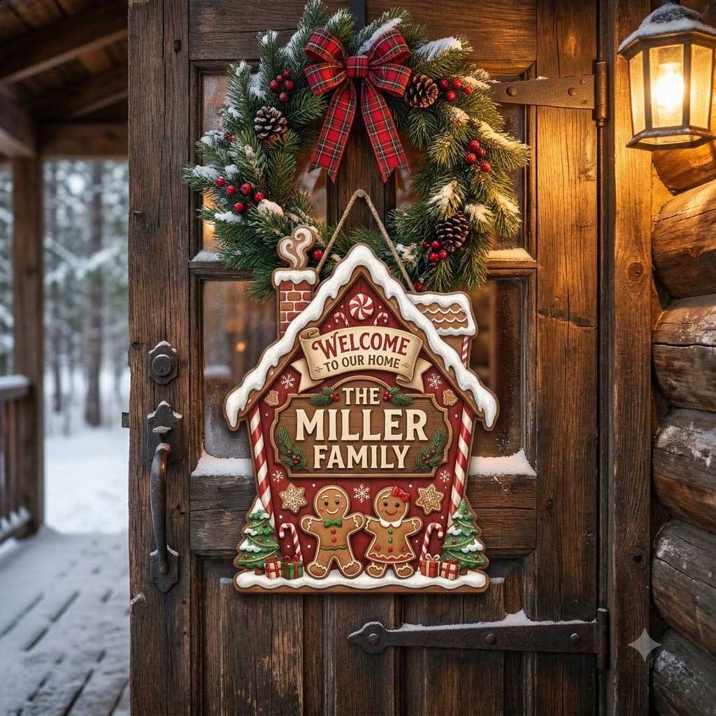 Personalized Gingerbread Man Christmas Door Hanger – Custom Family Name Holiday Sign