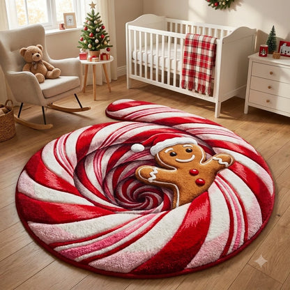 3D Gingerbread Christmas Rug – Candy Cane Swirl Custom Shape Holiday Area Rug