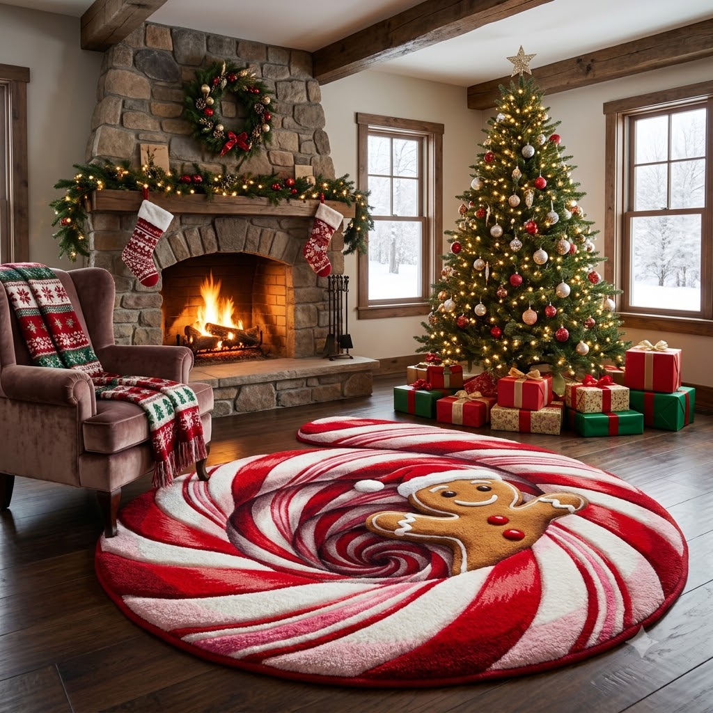 3D Gingerbread Christmas Rug – Candy Cane Swirl Custom Shape Holiday Area Rug