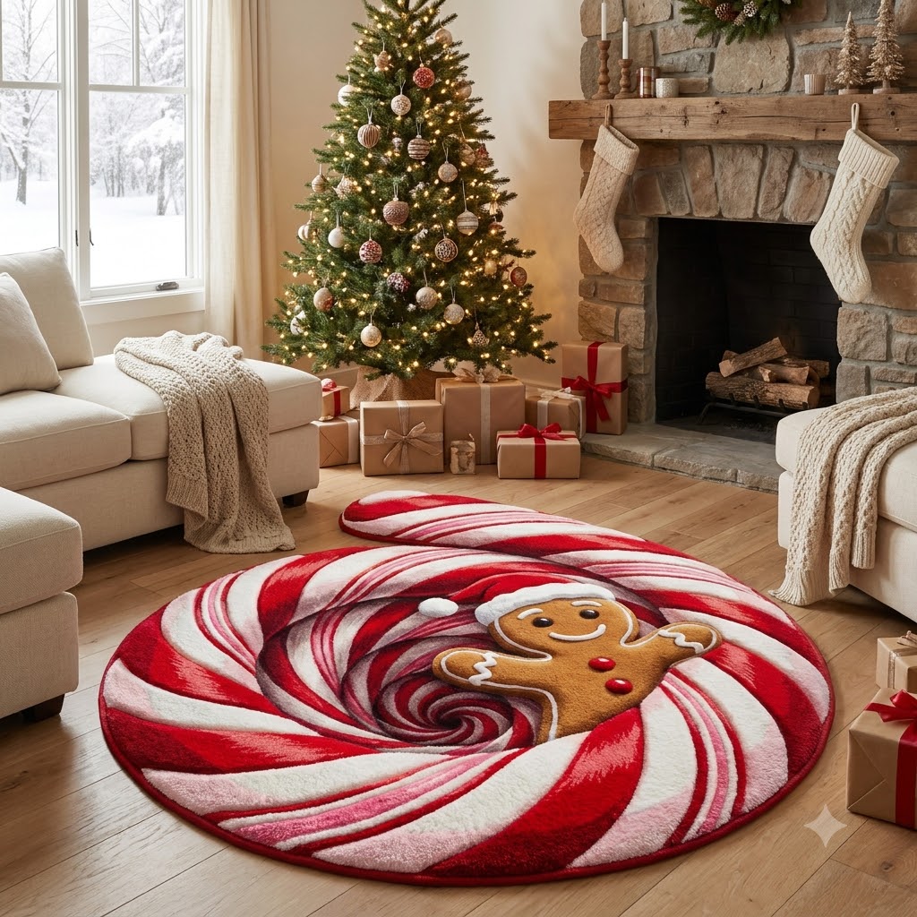 3D Gingerbread Christmas Rug – Candy Cane Swirl Custom Shape Holiday Area Rug