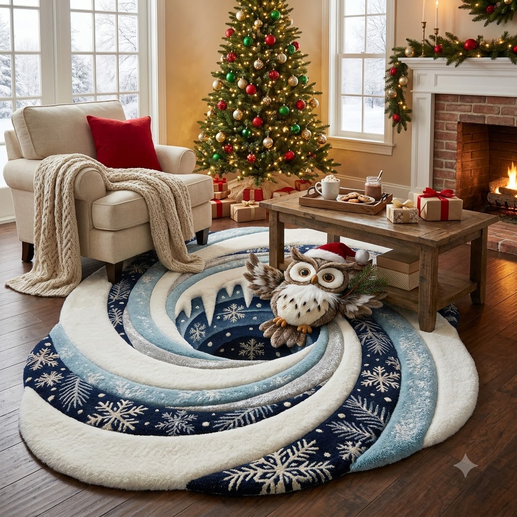 3D Christmas Owl Rug – Snowflake Winter Wonderland Custom Shape Area Rug