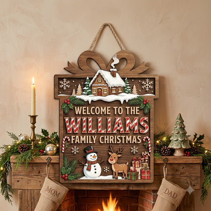 Personalized Christmas Family Door Hanger – Custom Name Snowy Cabin Wooden Sign