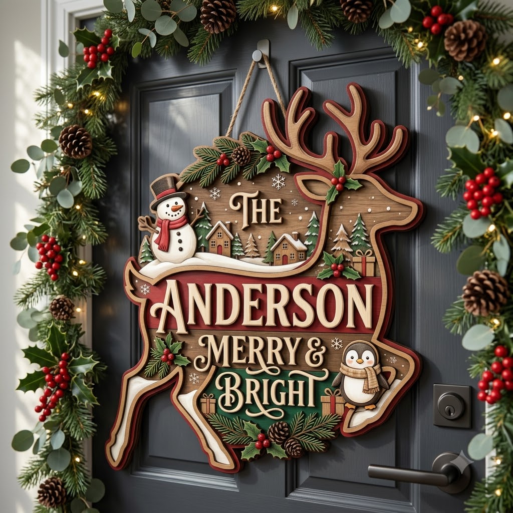 Personalized Reindeer Christmas Door Hanger – Custom Family Name Merry & Bright Wooden Sign