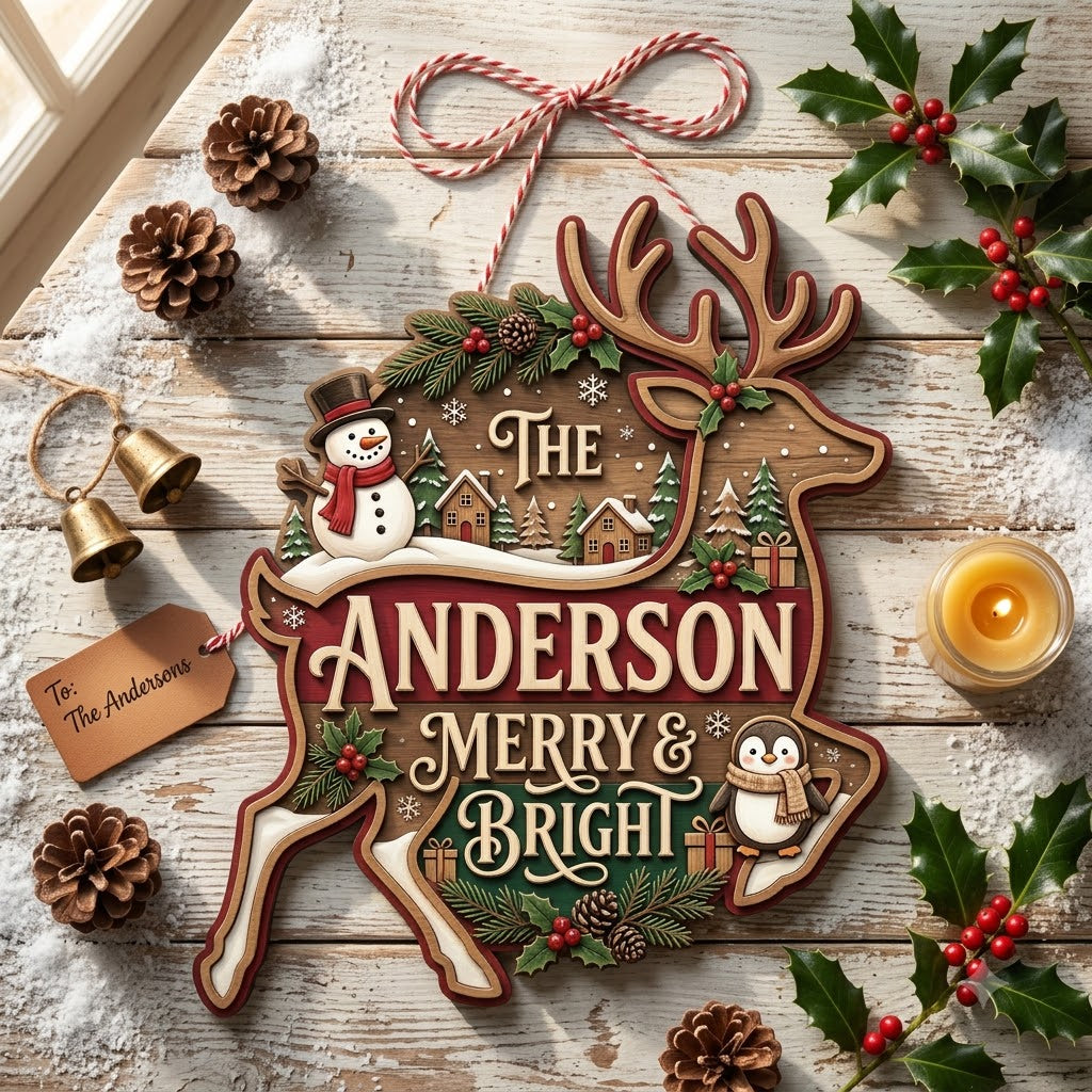Personalized Reindeer Christmas Door Hanger – Custom Family Name Merry & Bright Wooden Sign