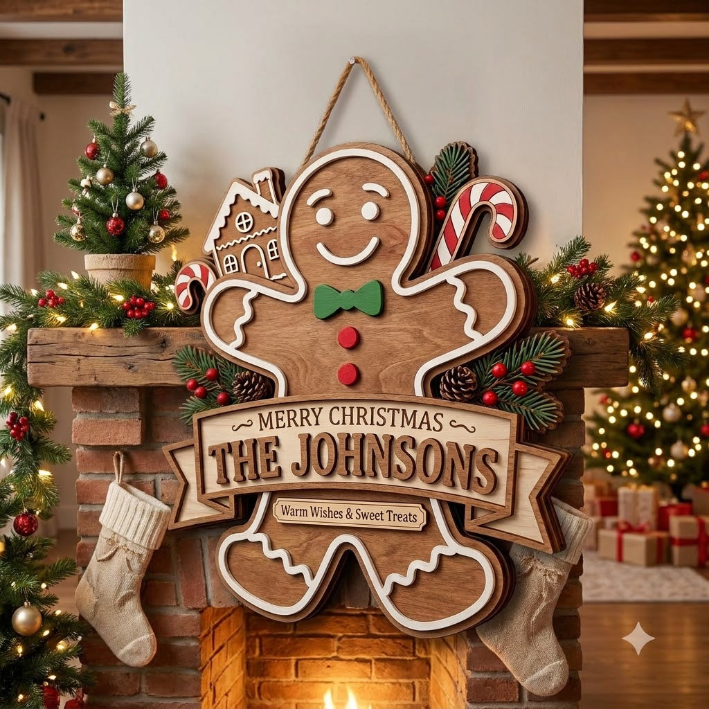 Personalized Christmas Gingerbread Door Hanger – Custom Family Name Holiday Wooden Sign