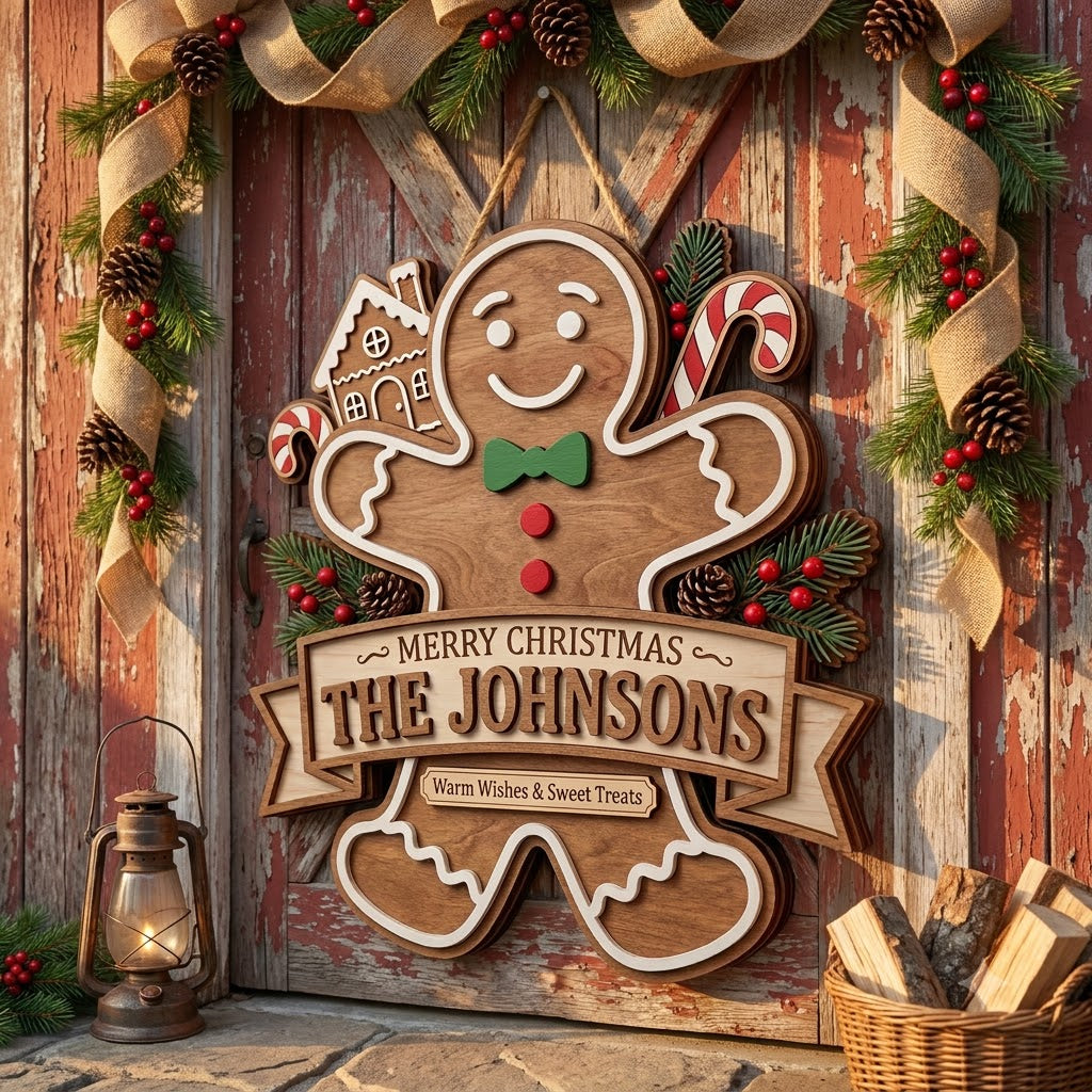 Personalized Christmas Gingerbread Door Hanger – Custom Family Name Holiday Wooden Sign