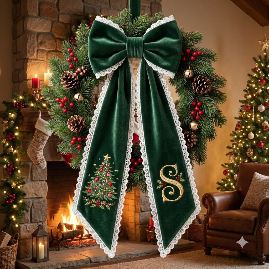 Personalized Green Velvet Christmas Wreath Sash with Monogram, Elegant Holiday Door Bow Decor
