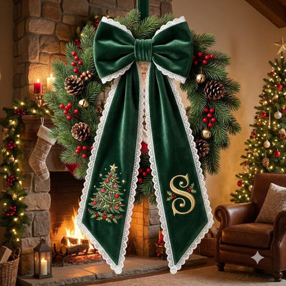 Personalized Green Velvet Christmas Wreath Sash with Monogram, Elegant Holiday Door Bow Decor