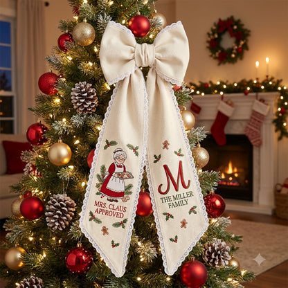 Personalized Christmas Mrs. Claus Wreath Sash, Vintage Santa Holiday Door Bow, Custom Family Name