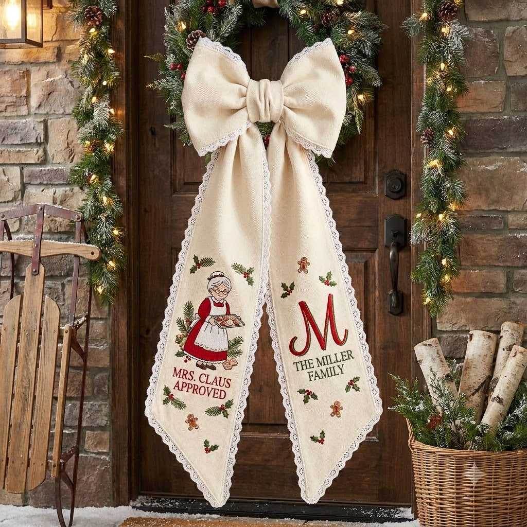 Personalized Christmas Mrs. Claus Wreath Sash, Vintage Santa Holiday Door Bow, Custom Family Name