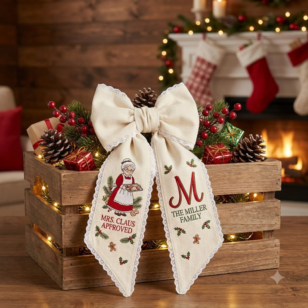 Personalized Christmas Mrs. Claus Wreath Sash, Vintage Santa Holiday Door Bow, Custom Family Name