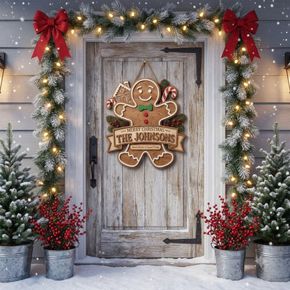 Personalized Christmas Gingerbread Door Hanger – Custom Family Name Holiday Wooden Sign