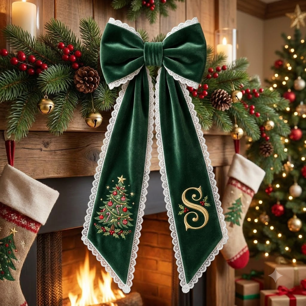 Personalized Green Velvet Christmas Wreath Sash with Monogram, Elegant Holiday Door Bow Decor
