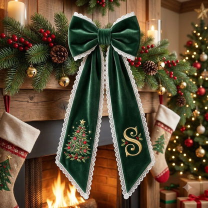 Personalized Green Velvet Christmas Wreath Sash with Monogram, Elegant Holiday Door Bow Decor