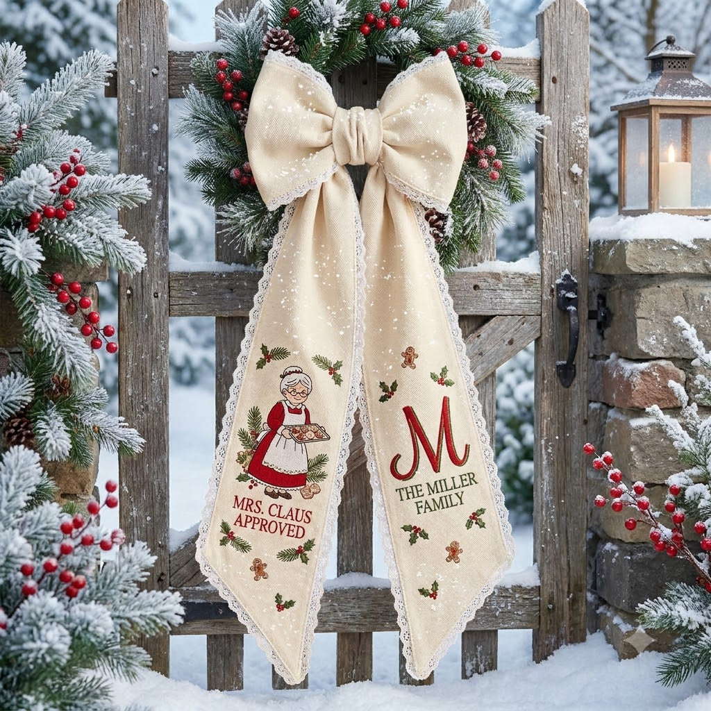 Personalized Christmas Mrs. Claus Wreath Sash, Vintage Santa Holiday Door Bow, Custom Family Name