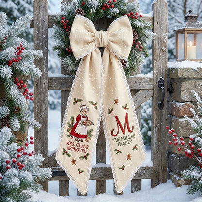 Personalized Christmas Mrs. Claus Wreath Sash, Vintage Santa Holiday Door Bow, Custom Family Name