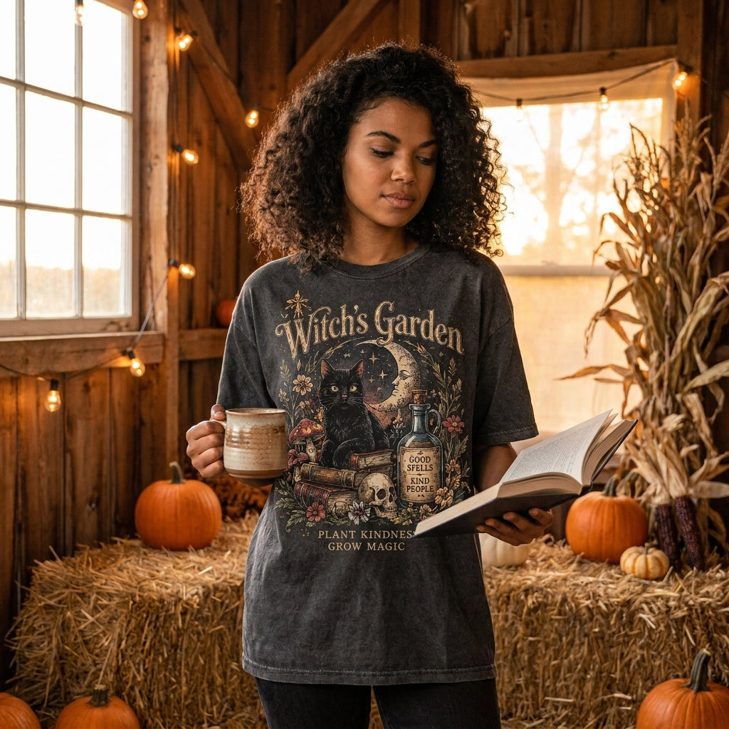 Witch's Garden T-Shirt, Vintage Halloween Shirt, Black Cat Witch Shirt, Spooky Book Lover Tee, Gothic Fall Shirt