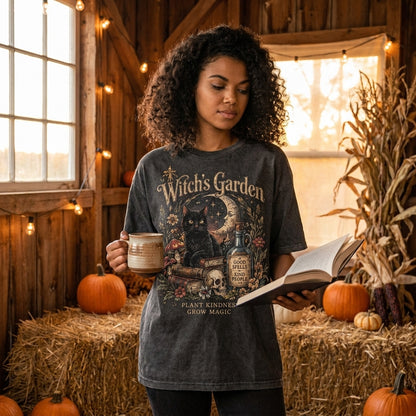 Witch's Garden T-Shirt, Vintage Halloween Shirt, Black Cat Witch Shirt, Spooky Book Lover Tee, Gothic Fall Shirt