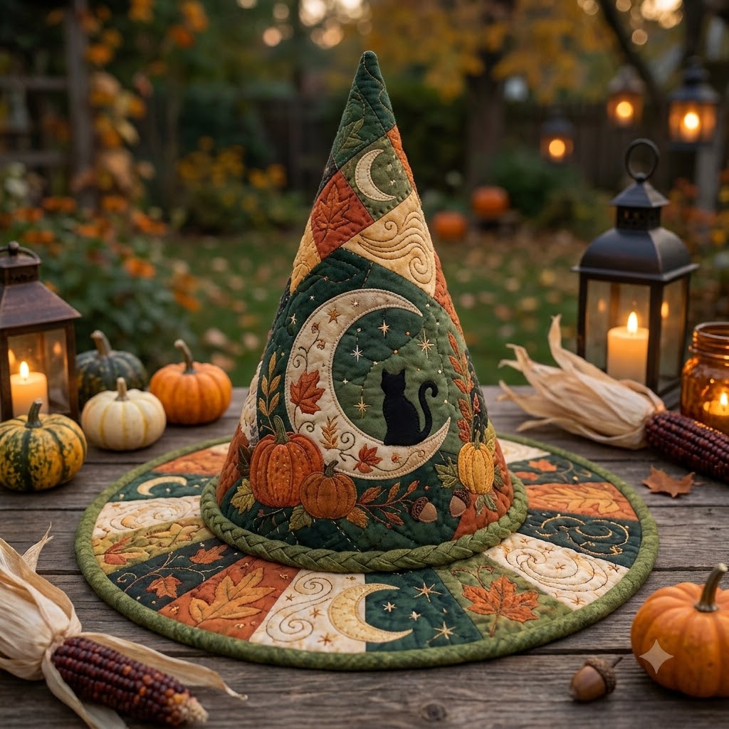 Black Cat Moon Quilted Witch Hat