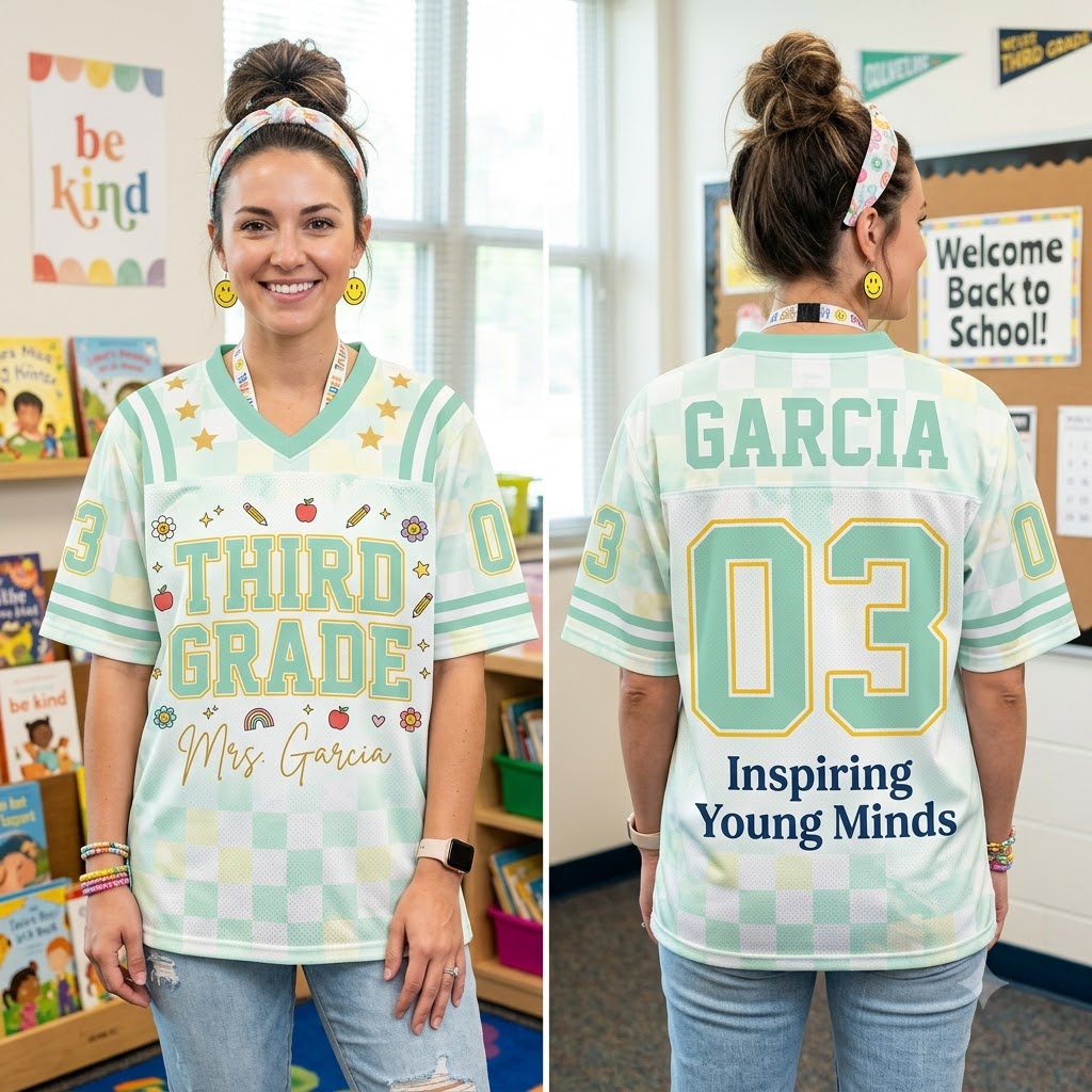 Personalized Teacher Jersey v2, Custom Name Number Football Jersey, First Grade Teacher Shirt, Back To School Gift, Teacher Team Game Day Tee (Copy)