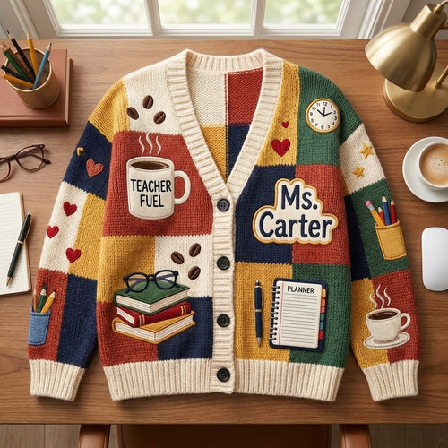 Cardigan pull personnalisé pour enseignant(e), Cardigan tricoté avec nom d'enseignant(e) personnalisé, Cadeau d'enseignant(e) pour la rentrée scolaire, Joli vêtement de classe. Chemise d'enseignant(e)