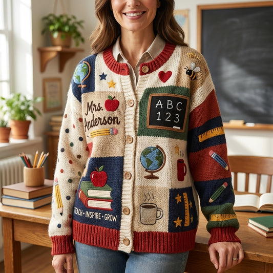 Cardigan pull personnalisé pour enseignant(e), Cardigan tricoté avec nom d'enseignant(e) personnalisé, Cadeau d'enseignant(e) pour la rentrée scolaire, Joli vêtement de classe. Chemise d'enseignant(e)