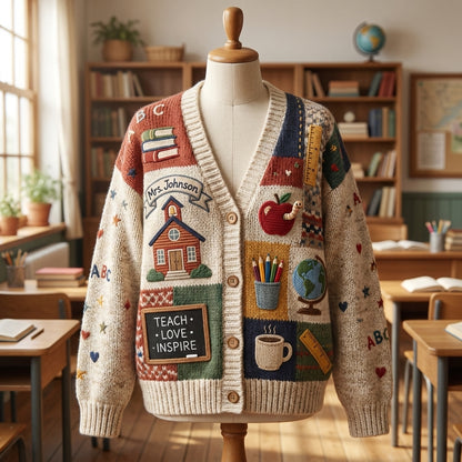 Personalized Teacher Cardigan Sweater Custom Name Knitted Teacher Gift Cozy School Cardigan Teacher Appreciation Gift Educator Sweater