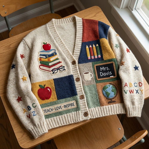 Personalized Teacher Cardigan Sweater Custom Name Knitted Teacher Gift Teacher Appreciation Sweater Cozy Educator Cardigan School Gift