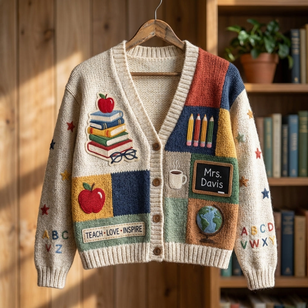 Personalized Teacher Cardigan Sweater Custom Name Knitted Teacher Gift Teacher Appreciation Sweater Cozy Educator Cardigan School Gift