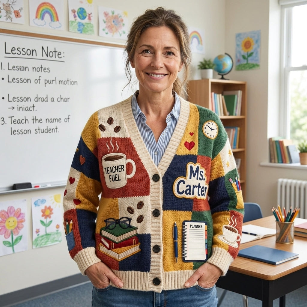 Cardigan pull personnalisé pour enseignant(e), Cardigan tricoté avec nom d'enseignant(e) personnalisé, Cadeau d'enseignant(e) pour la rentrée scolaire, Joli vêtement de classe. Chemise d'enseignant(e)