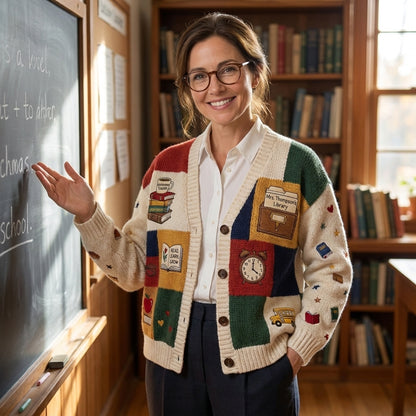 Cardigan pull personnalisé pour enseignant(e), Cardigan tricoté avec nom d'enseignant(e) personnalisé, Cadeau d'enseignant(e) pour la rentrée scolaire, Joli vêtement de classe. Chemise d'enseignant(e)