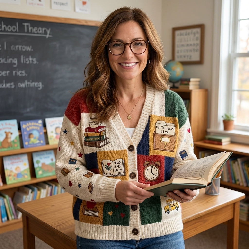 Cardigan pull personnalisé pour enseignant(e), Cardigan tricoté avec nom d'enseignant(e) personnalisé, Cadeau d'enseignant(e) pour la rentrée scolaire, Joli vêtement de classe. Chemise d'enseignant(e)