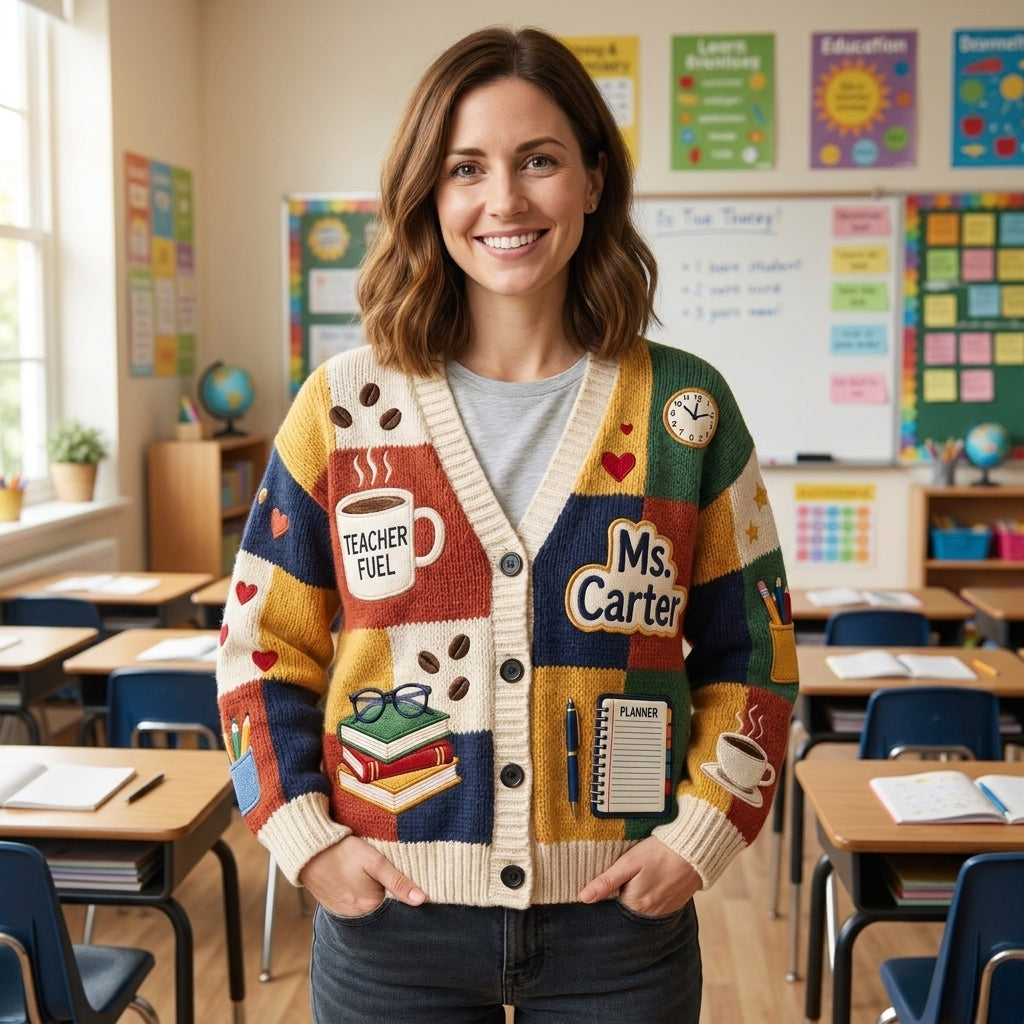 Cardigan pull personnalisé pour enseignant(e), Cardigan tricoté avec nom d'enseignant(e) personnalisé, Cadeau d'enseignant(e) pour la rentrée scolaire, Joli vêtement de classe. Chemise d'enseignant(e)
