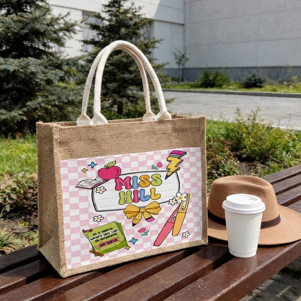 Personalized Teacher Tote Bag,Custom Name Jute Tote Bag,Teacher Appreciation Gift