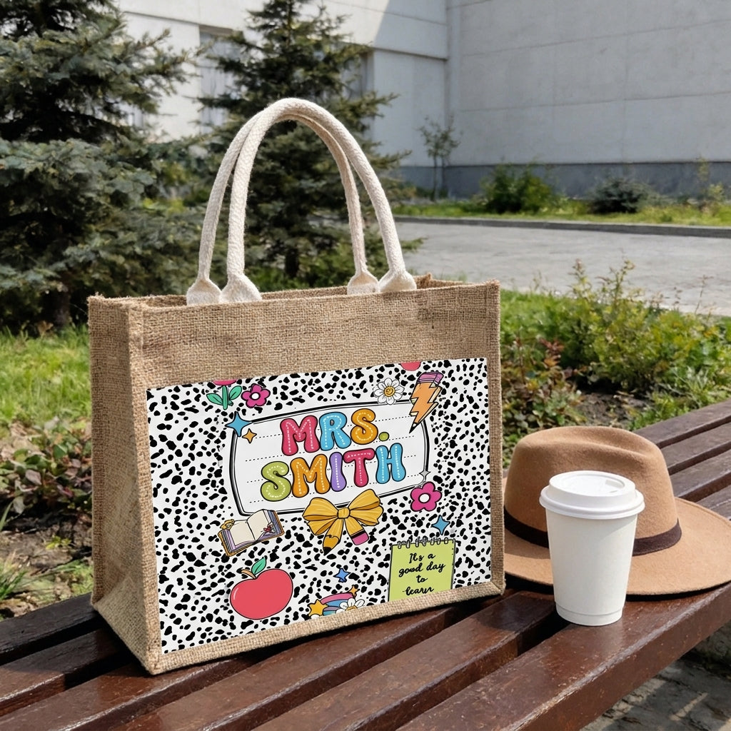 Personalized Teacher Jute Tote Bag, Custom Name Canvas Tote, Teacher Appreciation Gift, Back To School
