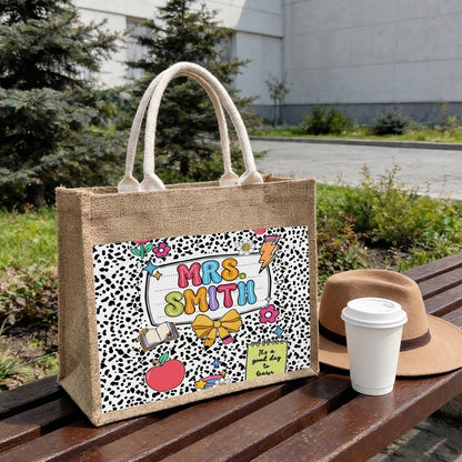 Personalized Teacher Jute Tote Bag, Custom Name Canvas Tote, Teacher Appreciation Gift, Back To School