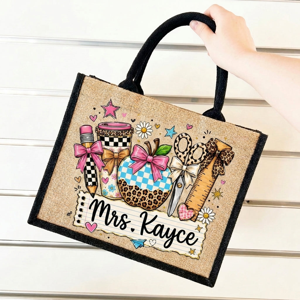 Personalized Coquette Teacher Tote Bag with Name, Cute Apple Coffee School Supplies Jute Bag, Teacher Appreciation Gift for Women