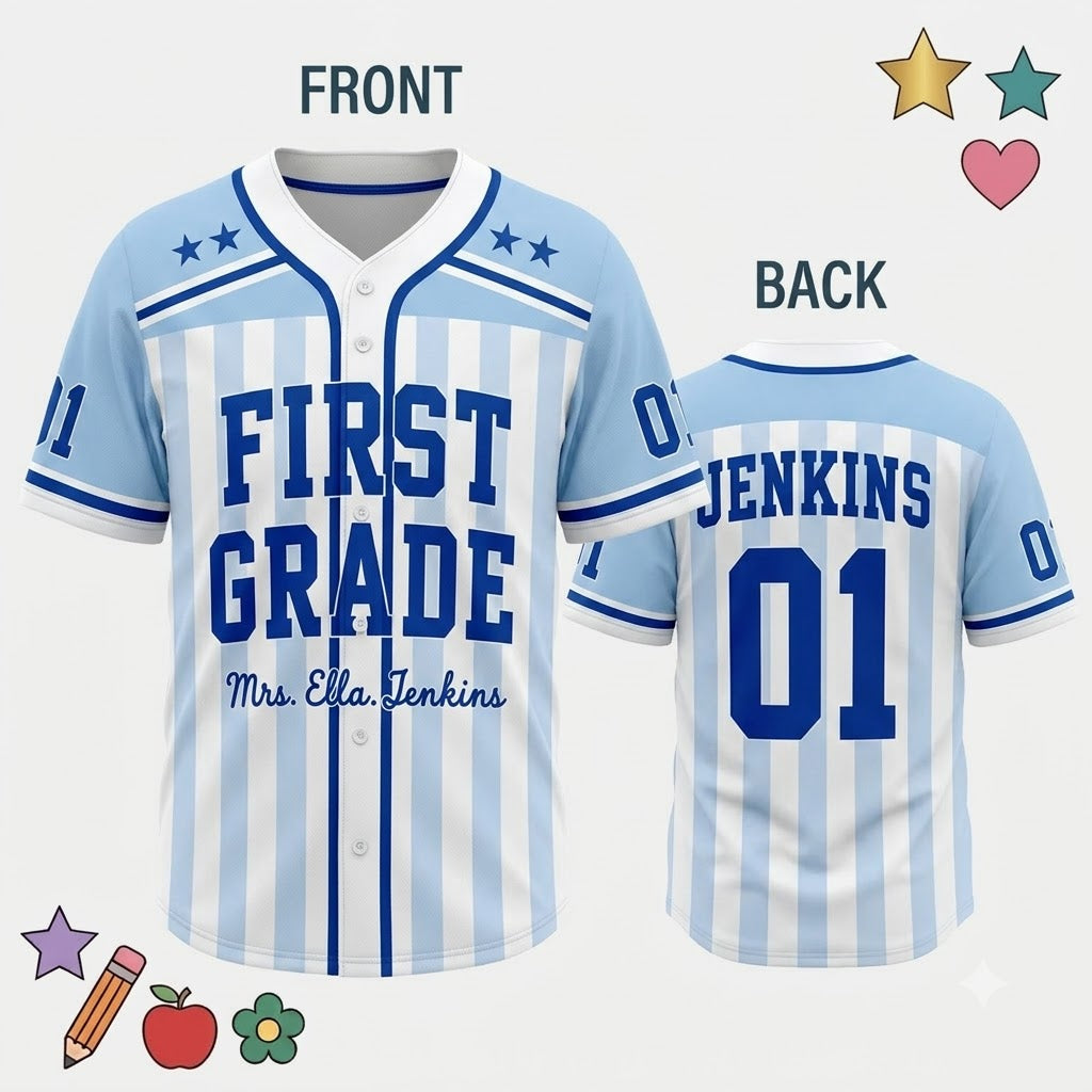 Personalized Teacher Baseball Jersey, Custom Name Number Jersey, First Grade Teacher Shirt, Back To School Gift, Teacher Team Game Day Tee