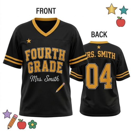Maillot personnalisé avec nom et numéro, Maillot de professeur de quatrième année personnalisé en maille, Tenue de rentrée scolaire ou de jour de match, Cadeau pour équipe de professeurs noir et or