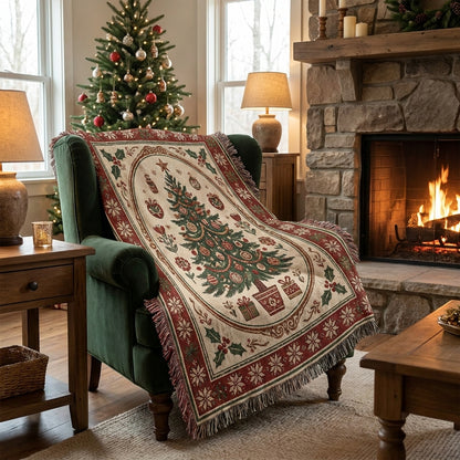 Vintage Christmas Tree Woven Blanket – Traditional Holiday Throw Blanket