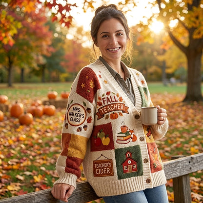 Cardigan pull personnalisé pour enseignant(e), Cardigan tricoté avec nom d'enseignant(e) personnalisé, Cadeau d'enseignant(e) pour la rentrée scolaire, Joli vêtement de classe. Chemise d'enseignant(e)