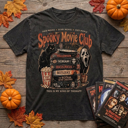 Spooky Movie Club T-Shirt, Halloween Movie Shirt, Horror Movie Lover Tee, Black Cat Shirt, Vintage Spooky Season Shirt