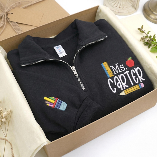 Custom Embroidered Teacher Quarter Zip Sweatshirt with Name, Elementary Teacher Sweaters, Back to School, Gifts for Teachers Graduating